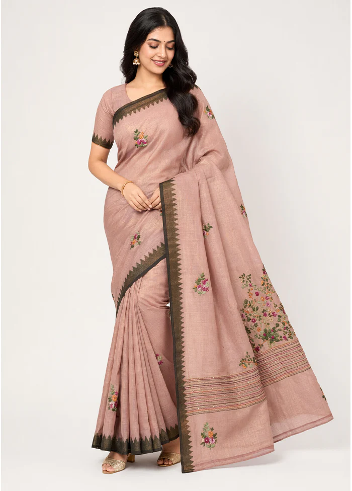 Pink Linen Silk Saree With Blouse Piece