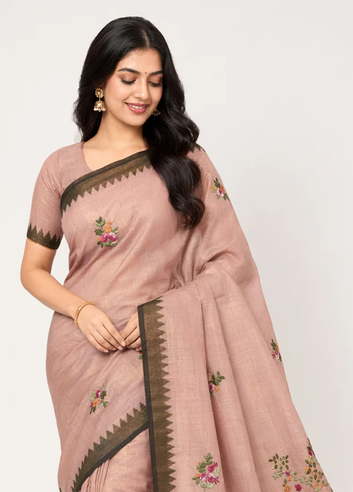 Pink Linen Silk Saree With Blouse Piece - Image 2