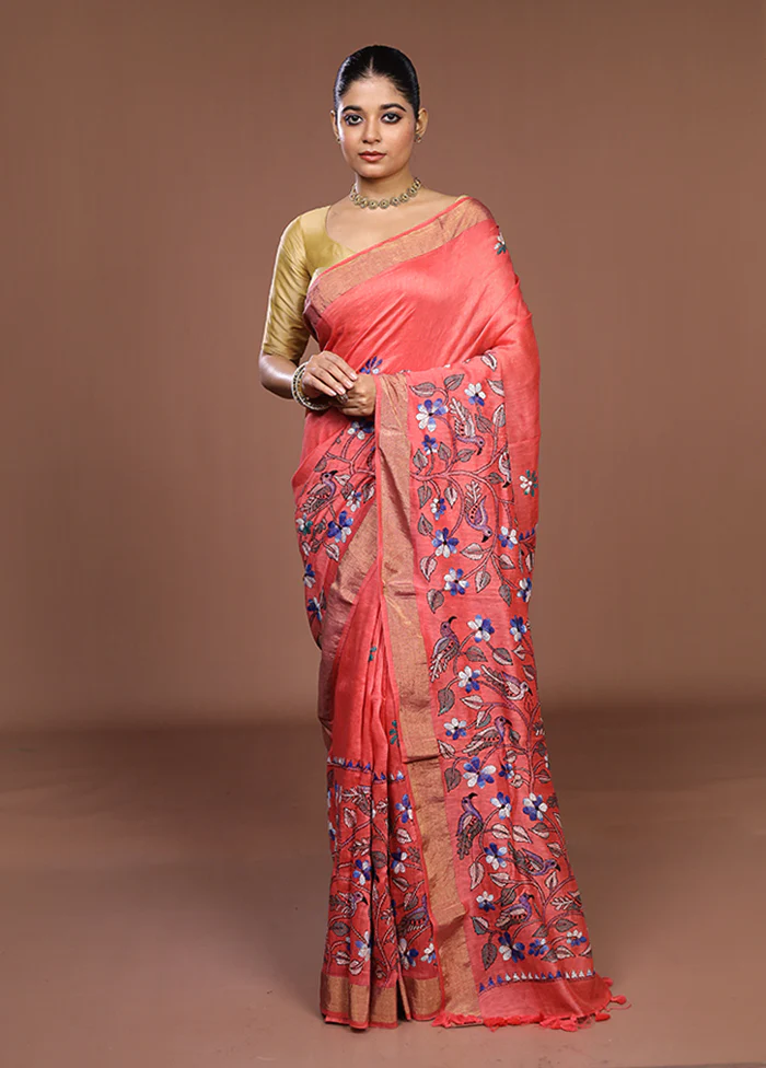 Peach Matka Silk Saree With Blouse Piece - Image 2