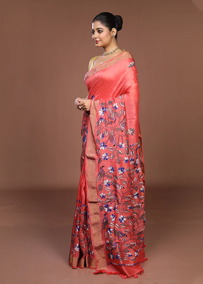 Peach Matka Silk Saree With Blouse Piece - Image 4