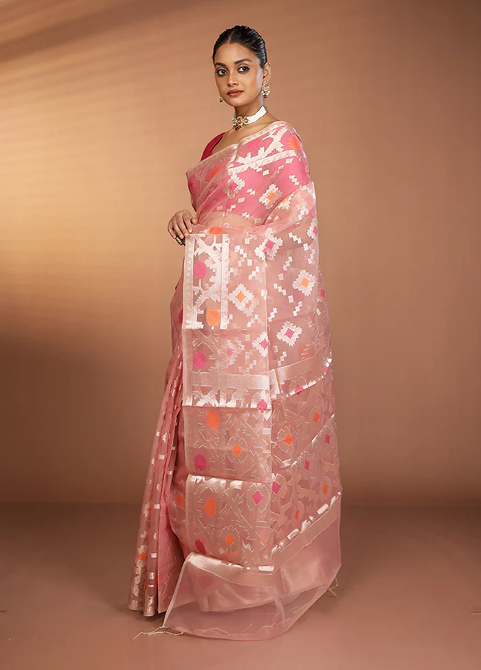 Pink Organza Saree With Blouse Piece - Image 4