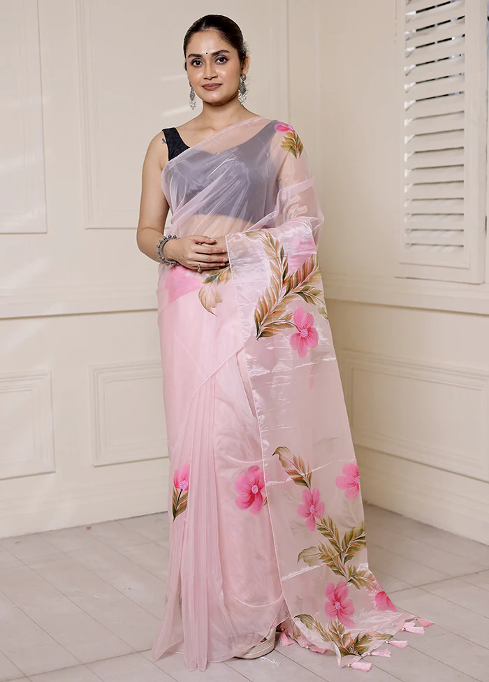 Pink Organza Saree With Blouse Piece - Image 2