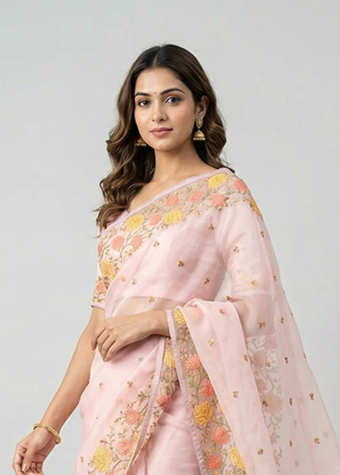 Pink Organza Saree With Blouse Piece - Image 2