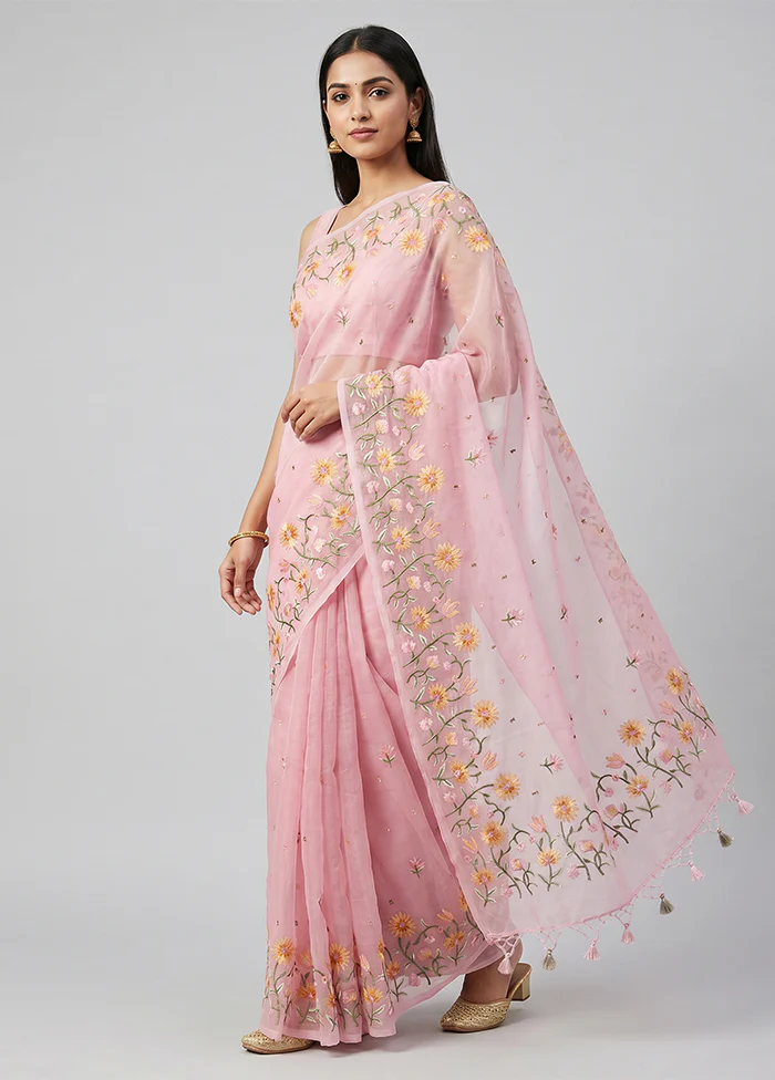 Pink Organza Saree With Blouse Piece