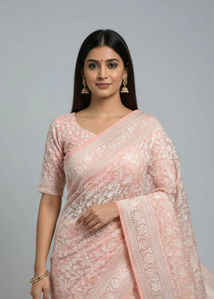 Pink Organza Saree With Blouse Piece - Image 2