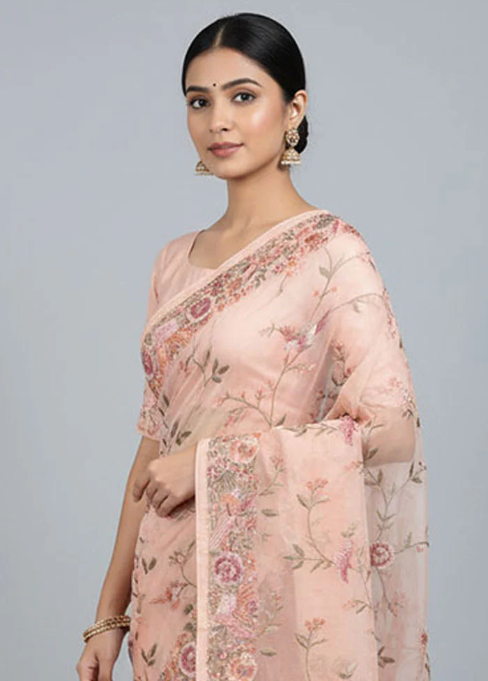 Pink Organza Saree With Blouse Piece - Image 2