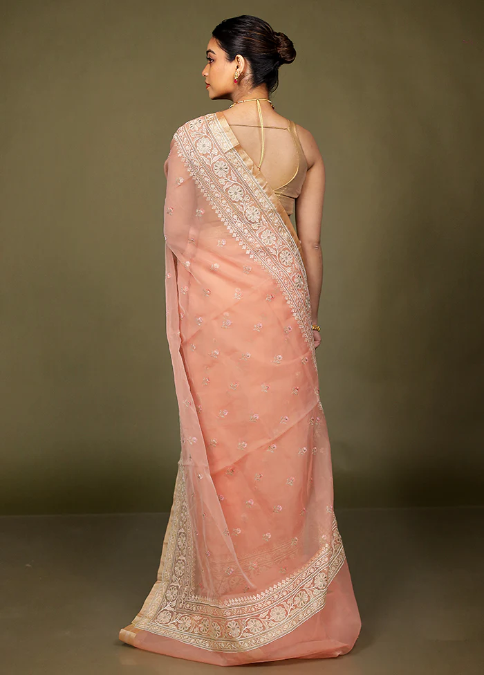 Pink Organza Saree With Blouse Piece - Image 3
