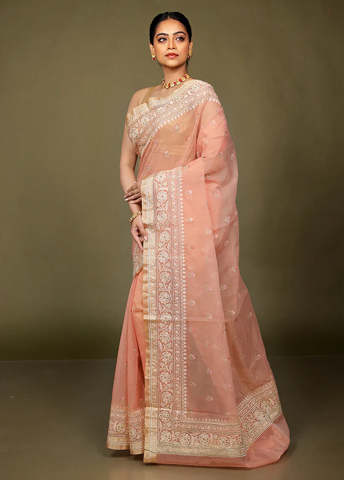 Pink Organza Saree With Blouse Piece - Image 4