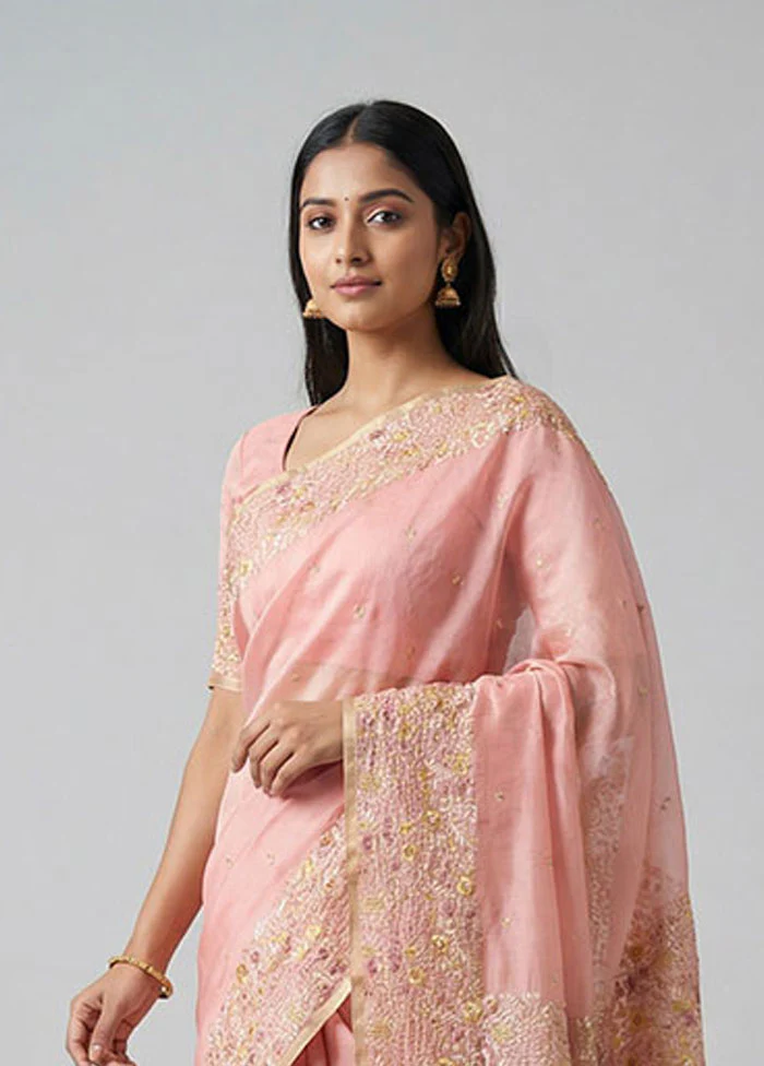 Pink Organza Saree With Blouse Piece - Image 2