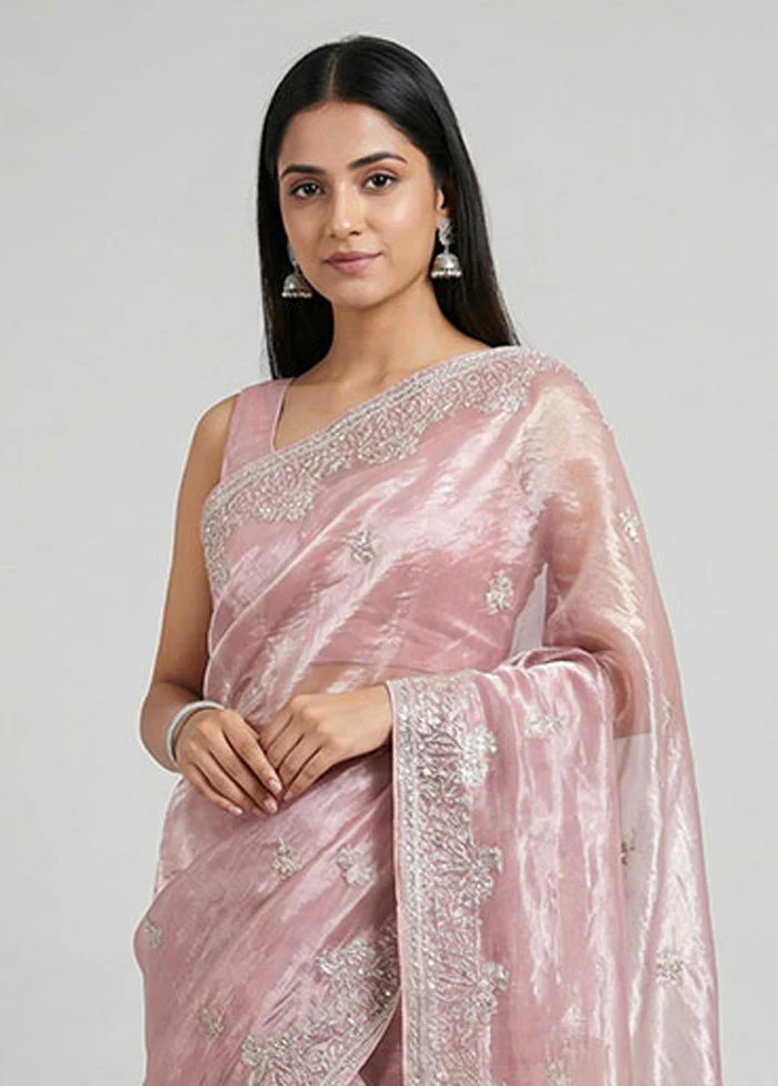 Pink Organza Saree With Blouse Piece - Image 2