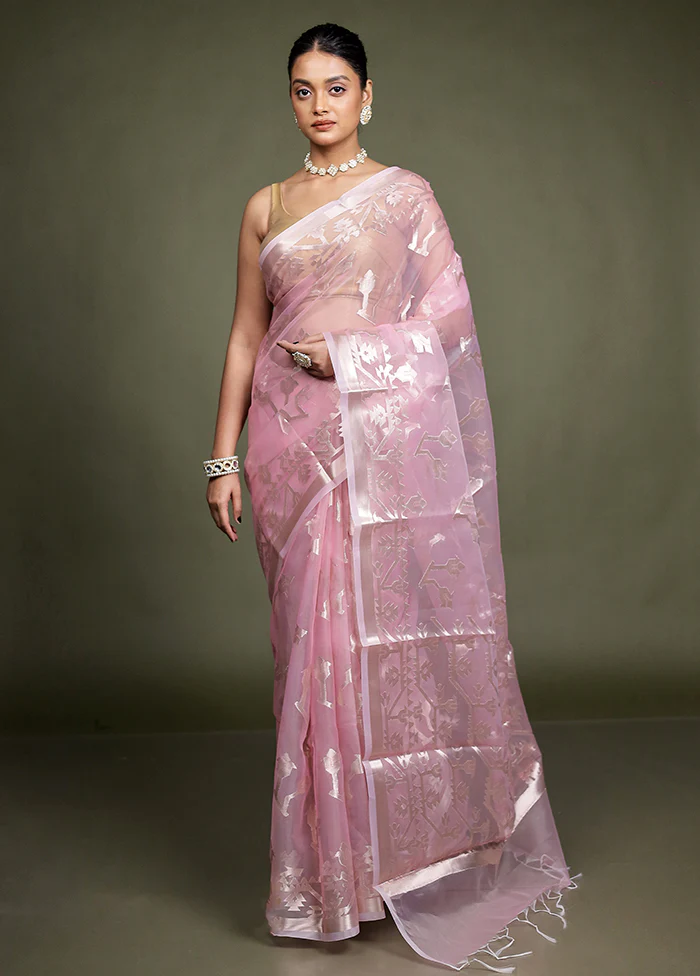 Pink Organza Saree With Blouse Piece - Image 2