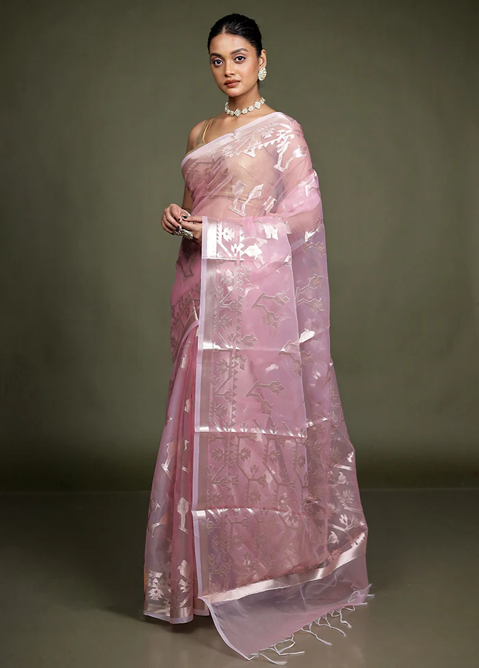 Pink Organza Saree With Blouse Piece - Image 4