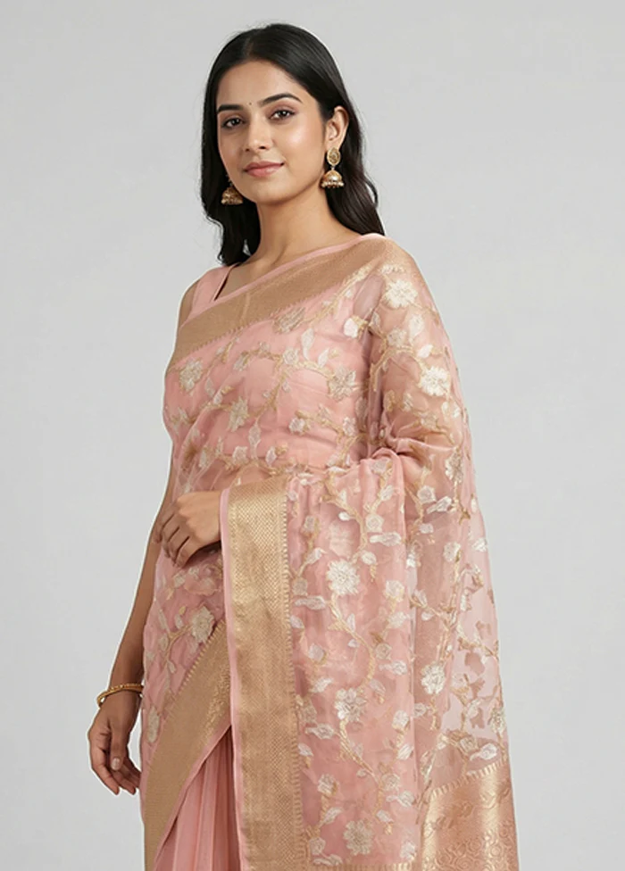 Pink Organza Saree With Blouse Piece - Image 2