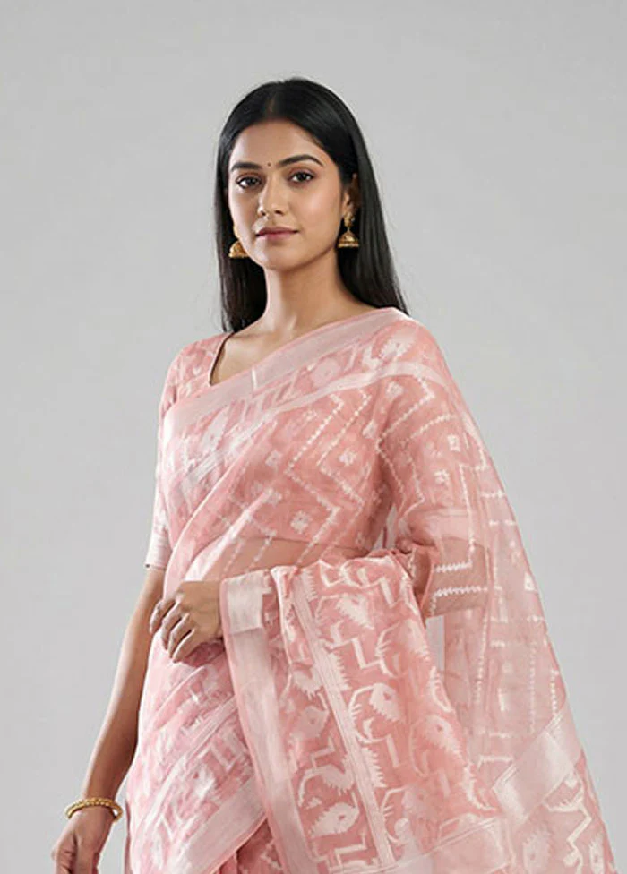 Pink Organza Saree With Blouse Piece - Image 2