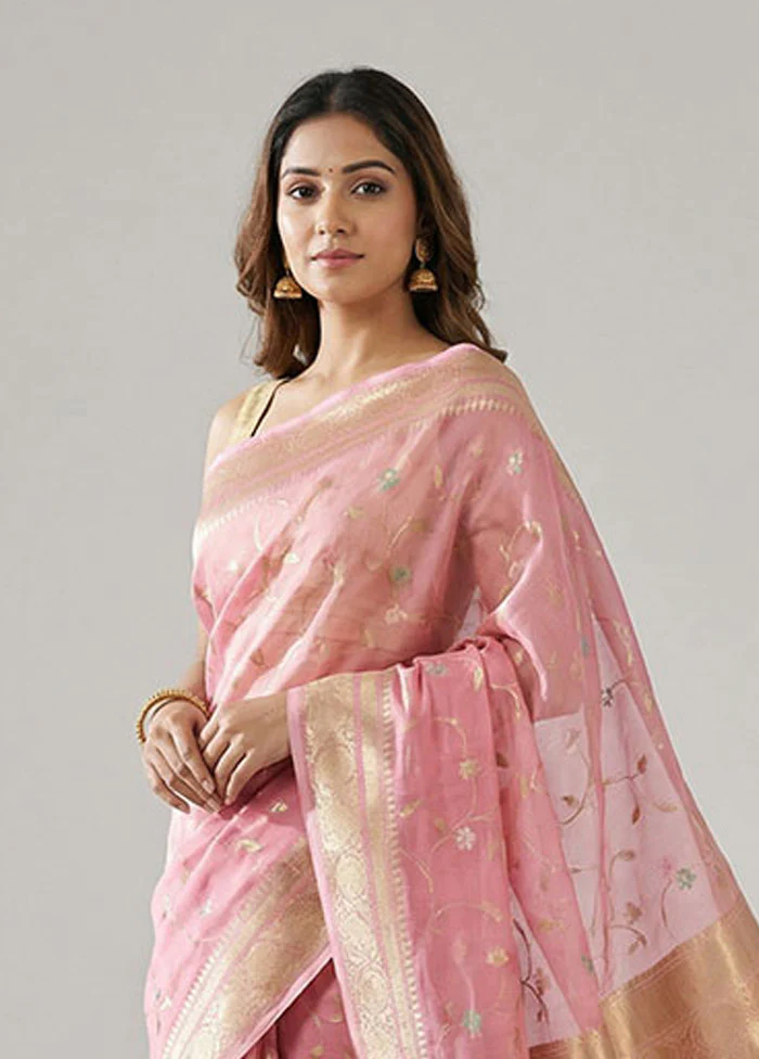 Pink Organza Saree With Blouse Piece - Image 2