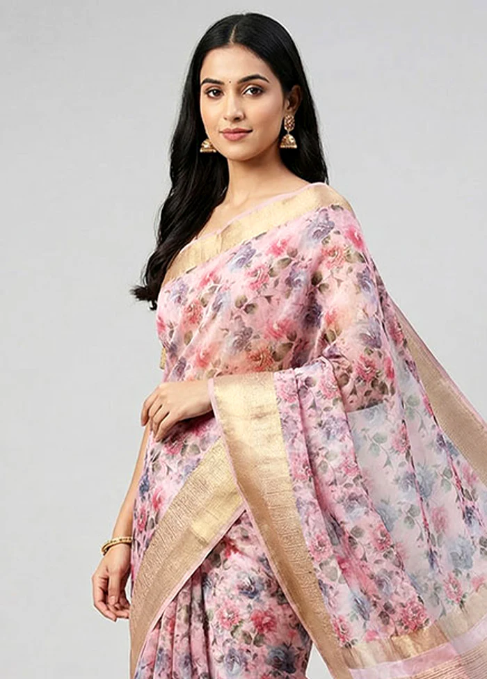 Pink Organza Saree With Blouse Piece - Image 2