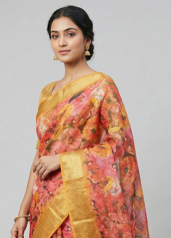 Pink Organza Saree With Blouse Piece - Image 2