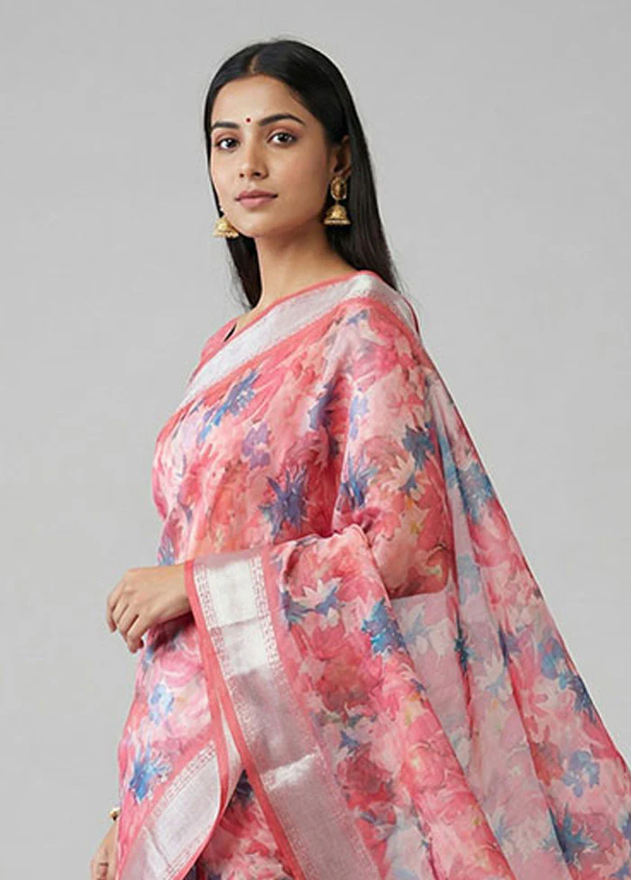 Pink Organza Saree With Blouse Piece - Image 2