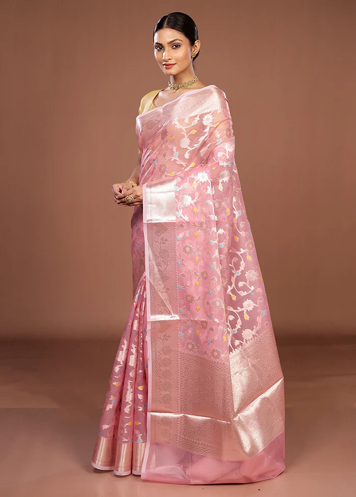 Pink Organza Saree With Blouse Piece - Image 4