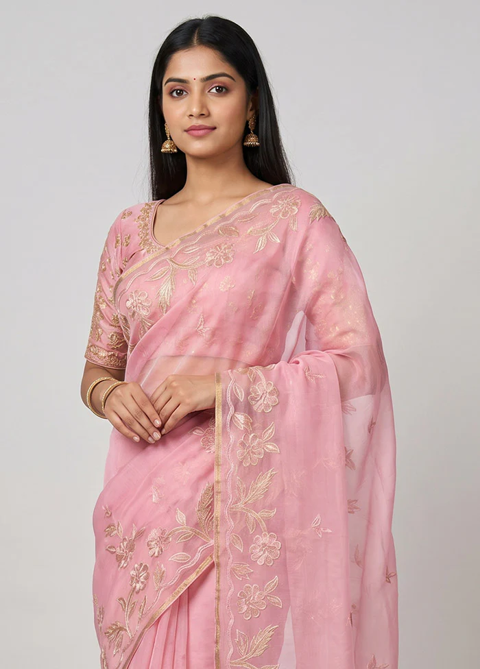Pink Organza Saree With Blouse Piece - Image 2