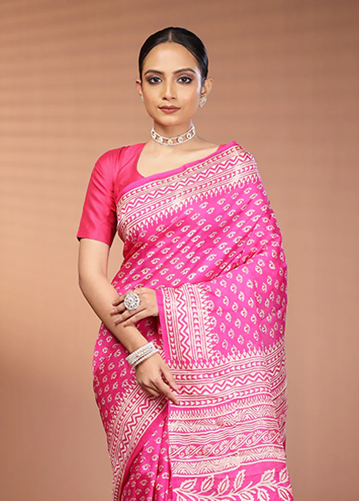 Pink Printed Pure Silk Saree Without Blouse Piece