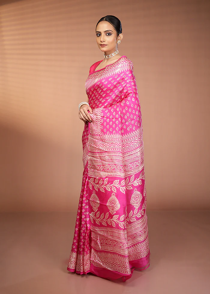 Pink Printed Pure Silk Saree Without Blouse Piece - Image 4