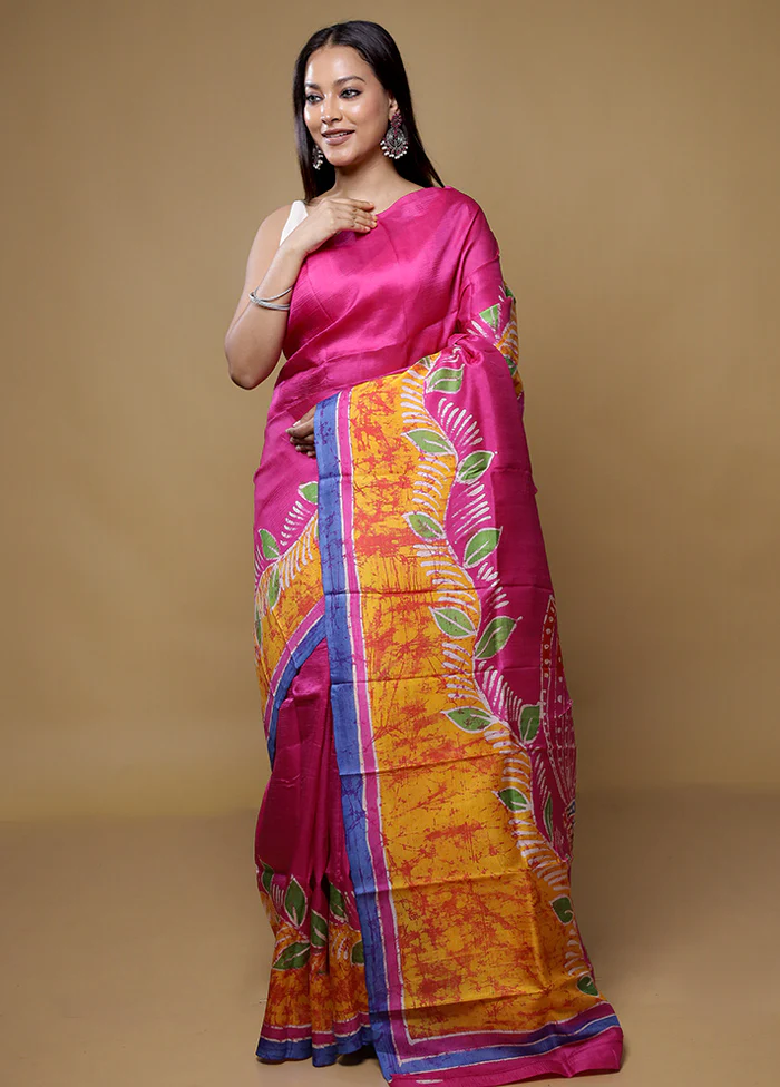 Pink Printed Pure Silk Saree Without Blouse Piece - Image 2