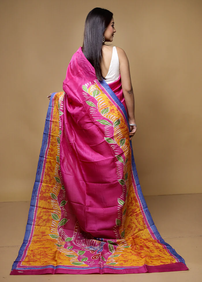 Pink Printed Pure Silk Saree Without Blouse Piece - Image 3