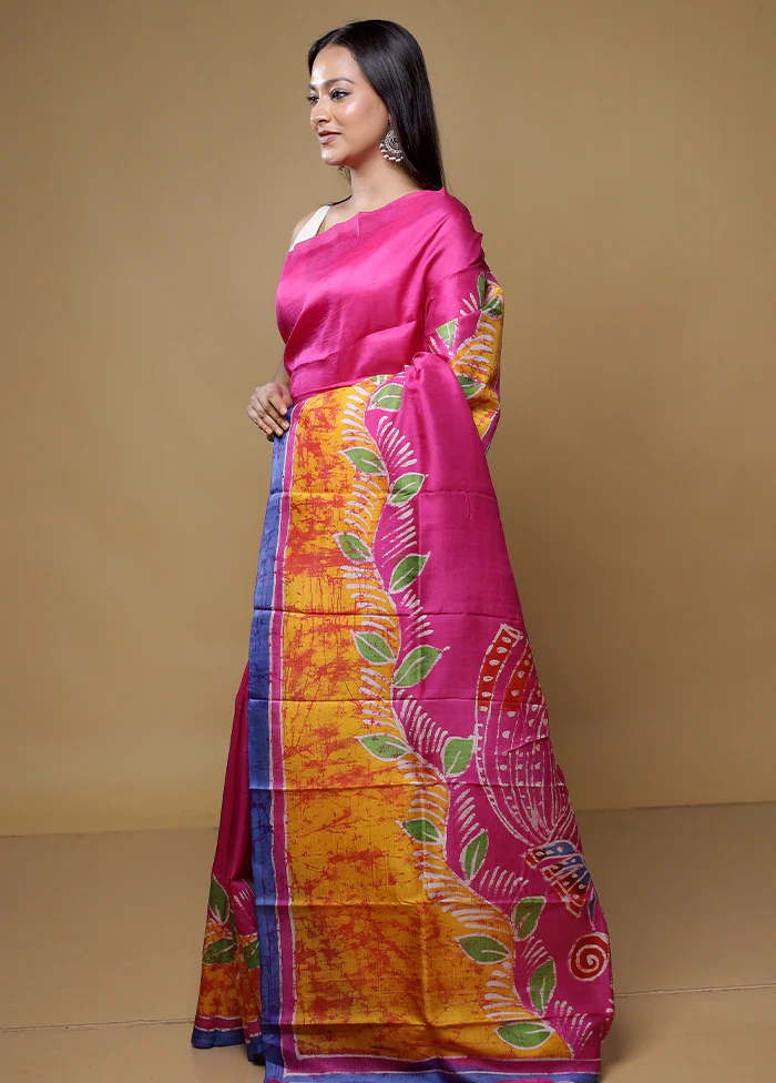 Pink Printed Pure Silk Saree Without Blouse Piece - Image 4