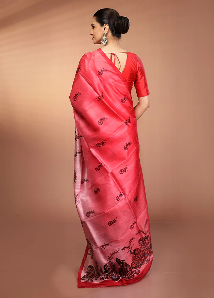 Pink Printed Pure Silk Saree Without Blouse Piece - Image 3