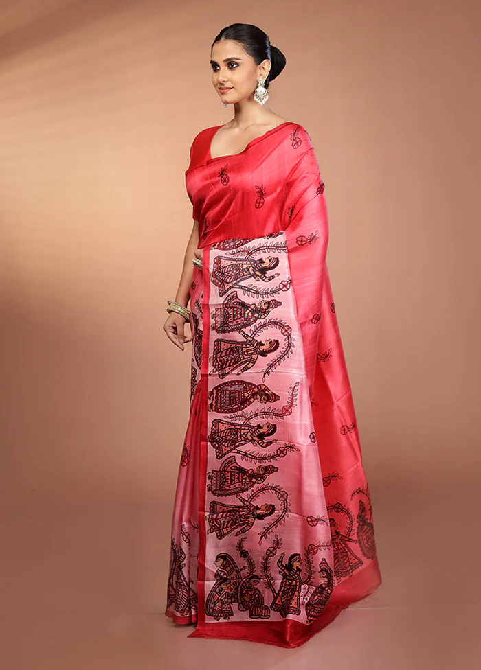 Pink Printed Pure Silk Saree Without Blouse Piece - Image 4