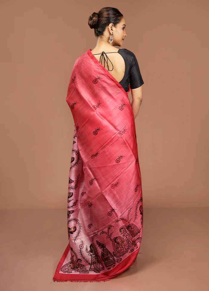 Pink Printed Pure Silk Saree Without Blouse Piece - Image 3