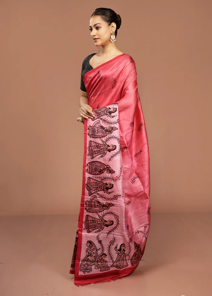 Pink Printed Pure Silk Saree Without Blouse Piece - Image 4