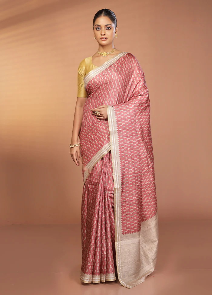 Pink Printed Pure Silk Saree Without Blouse Piece - Image 2
