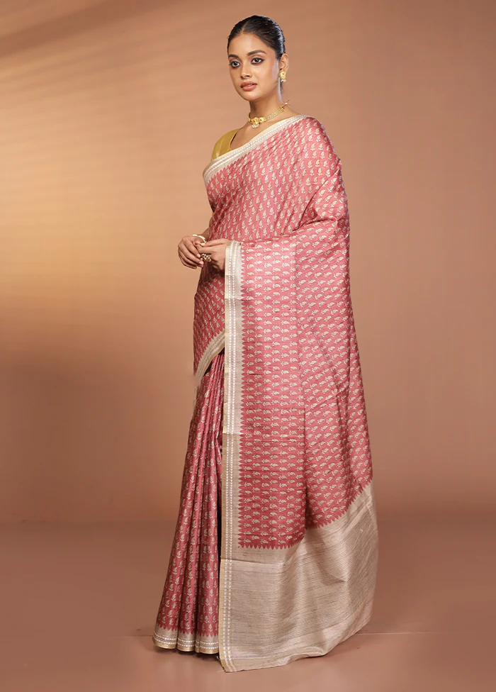Pink Printed Pure Silk Saree Without Blouse Piece - Image 4