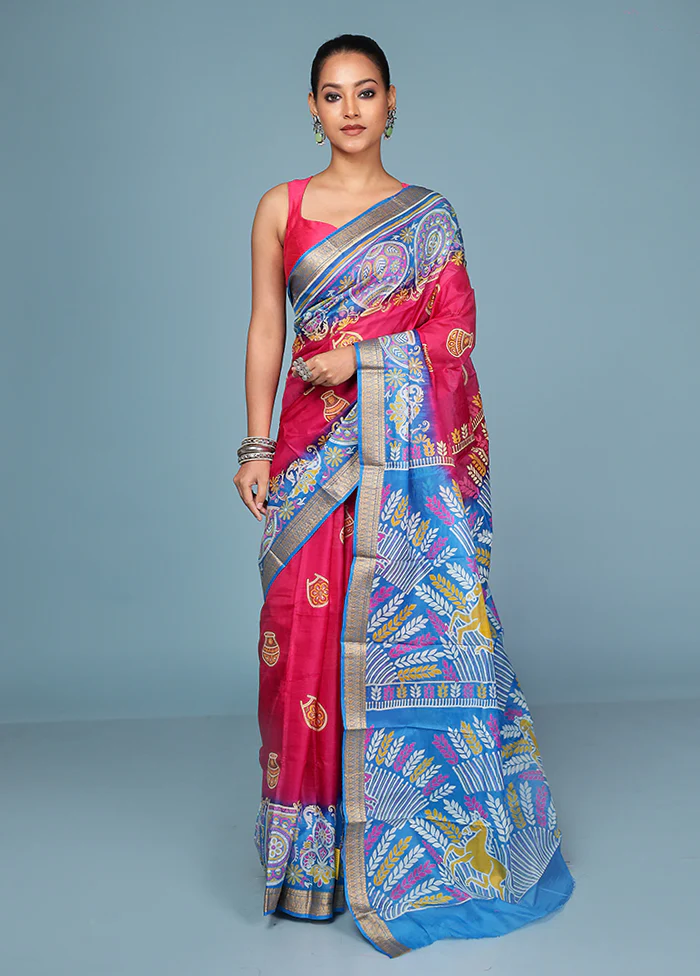 Pink Printed Pure Silk Saree Without Blouse Piece - Image 2