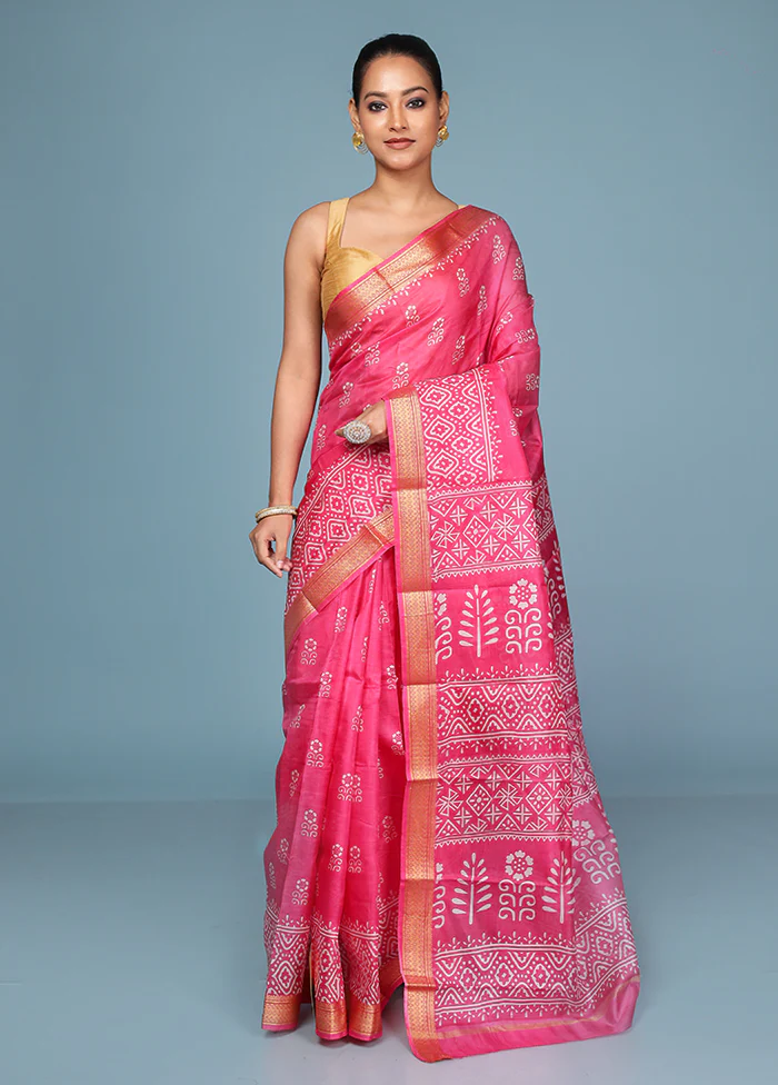 Pink Printed Pure Silk Saree Without Blouse Piece - Image 2