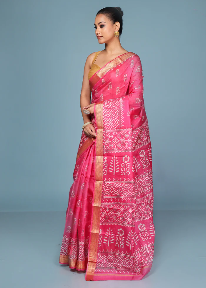 Pink Printed Pure Silk Saree Without Blouse Piece - Image 4