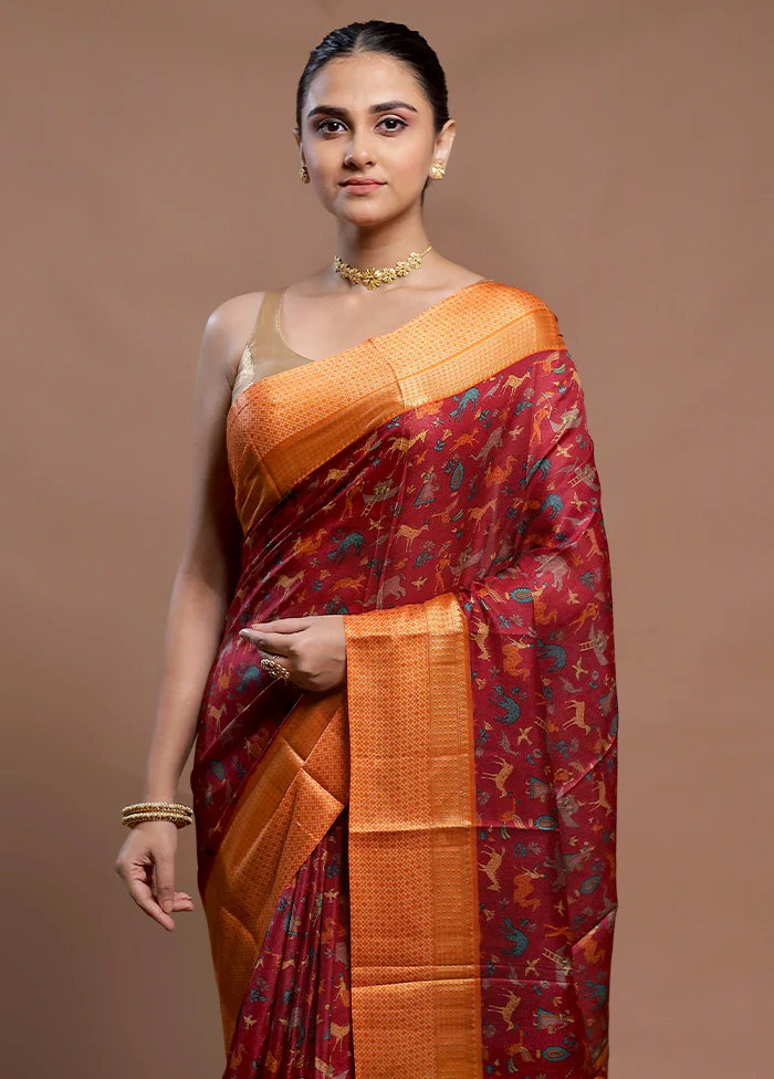 Red Printed Pure Silk Saree Without Blouse Piece - Image 2