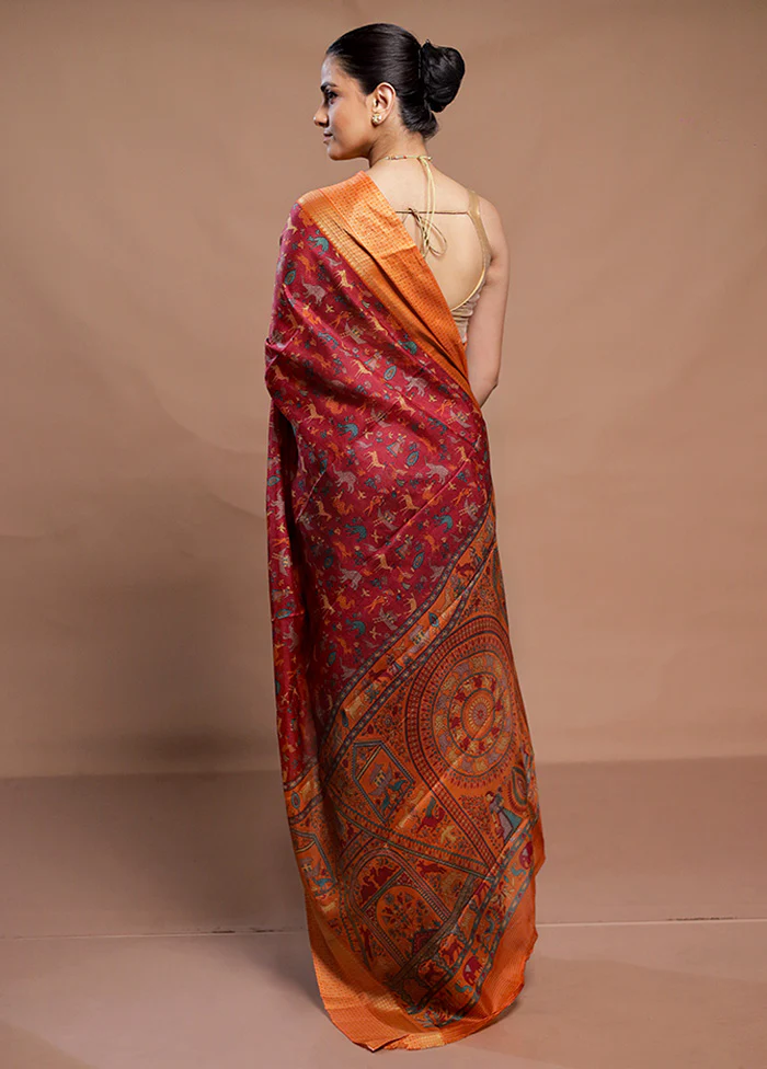 Red Printed Pure Silk Saree Without Blouse Piece - Image 3