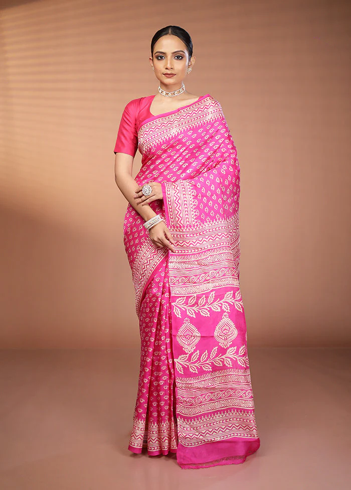 Pink Printed Pure Silk Saree Without Blouse Piece - Image 2
