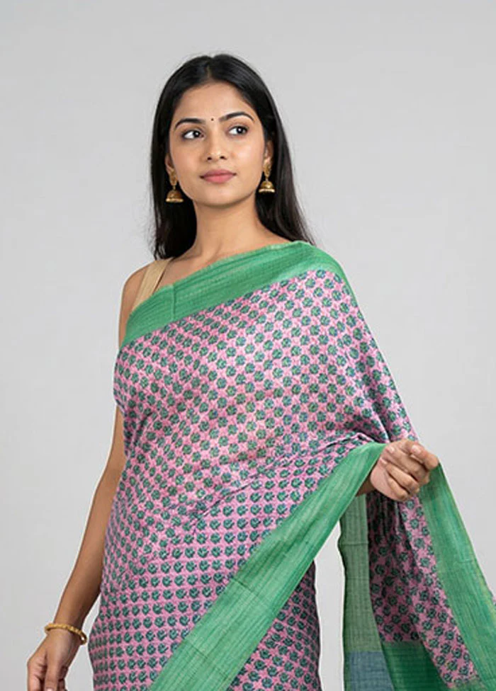 Pink Printed Silk Saree Without Blouse Piece - Image 2