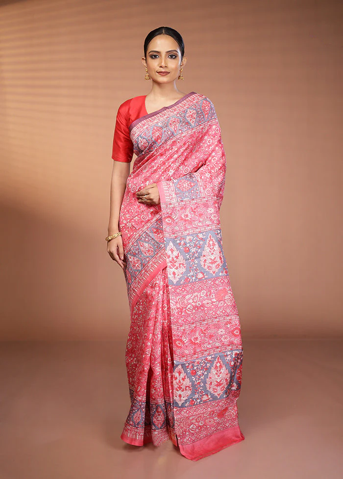Pink Printed Silk Saree Without Blouse Piece - Image 2