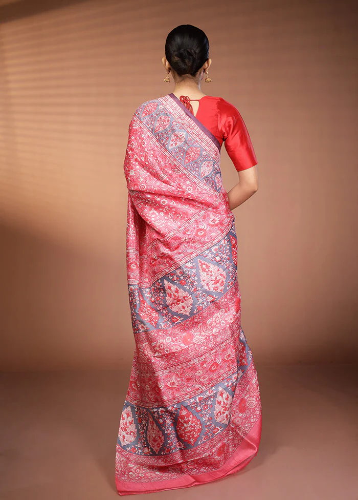 Pink Printed Silk Saree Without Blouse Piece - Image 3
