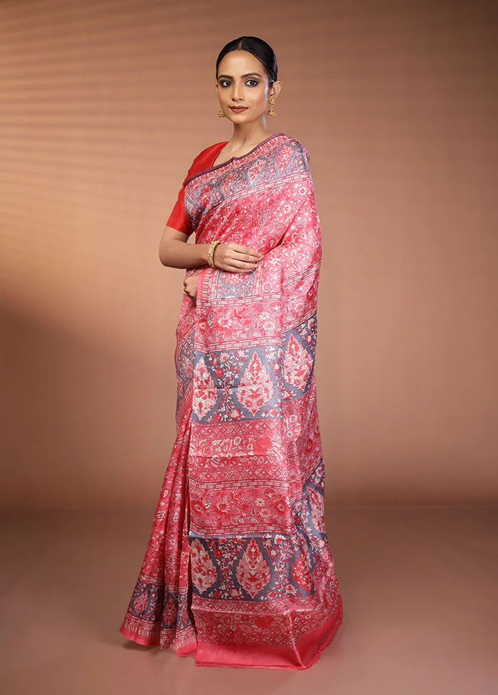 Pink Printed Silk Saree Without Blouse Piece - Image 4