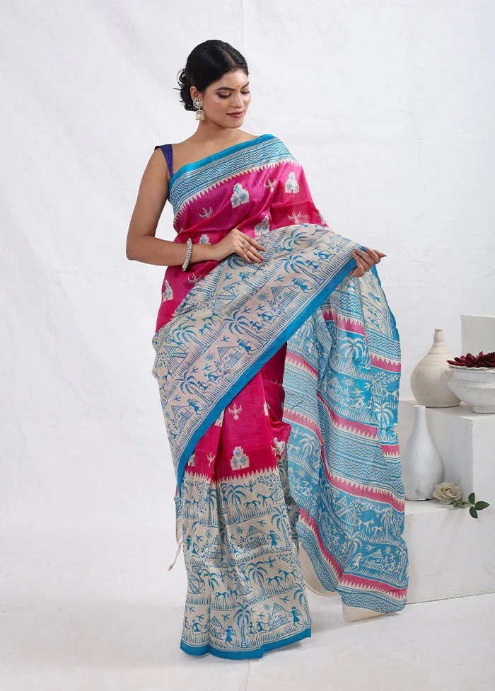 Pink Printed Pure Silk Saree Without Blouse Piece - Image 2