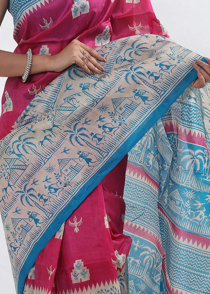 Pink Printed Pure Silk Saree Without Blouse Piece - Image 3