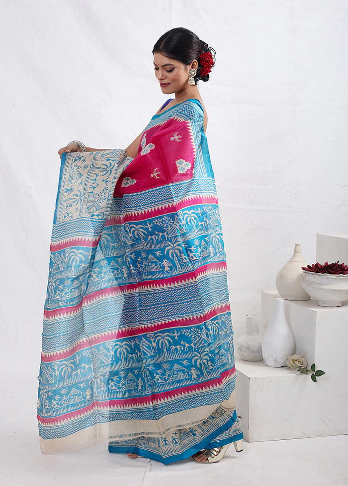 Pink Printed Pure Silk Saree Without Blouse Piece - Image 5