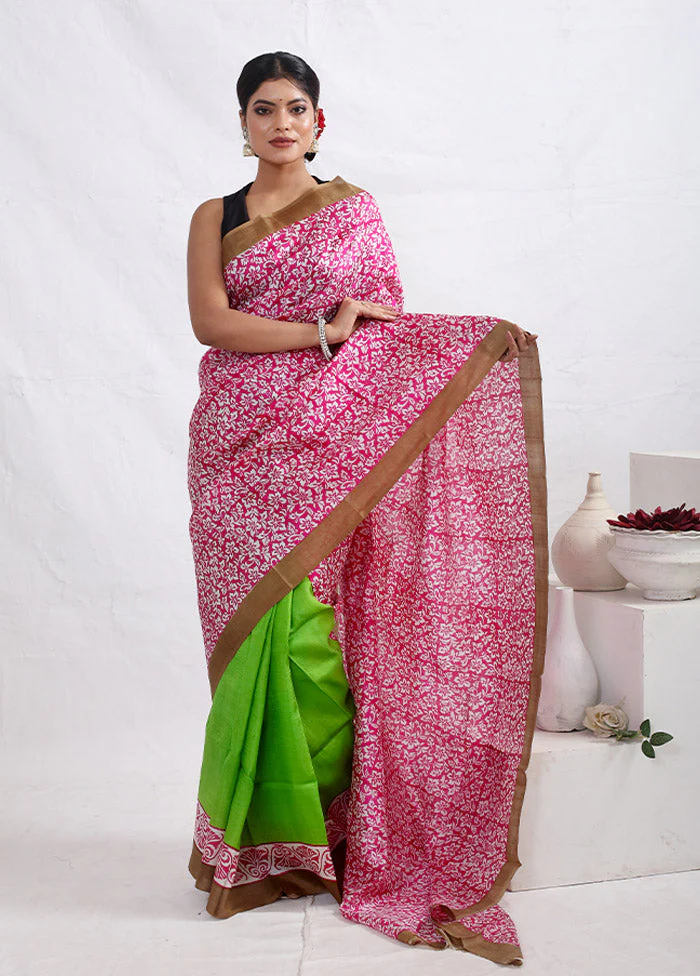 Pink Printed Pure Silk Saree Without Blouse Piece - Image 2
