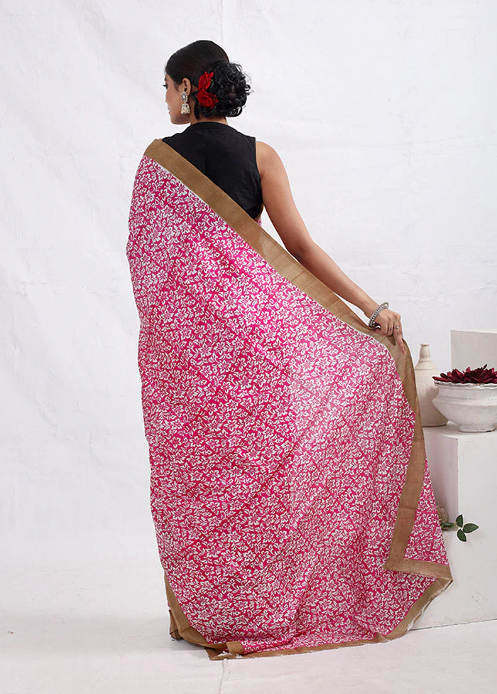 Pink Printed Pure Silk Saree Without Blouse Piece - Image 4